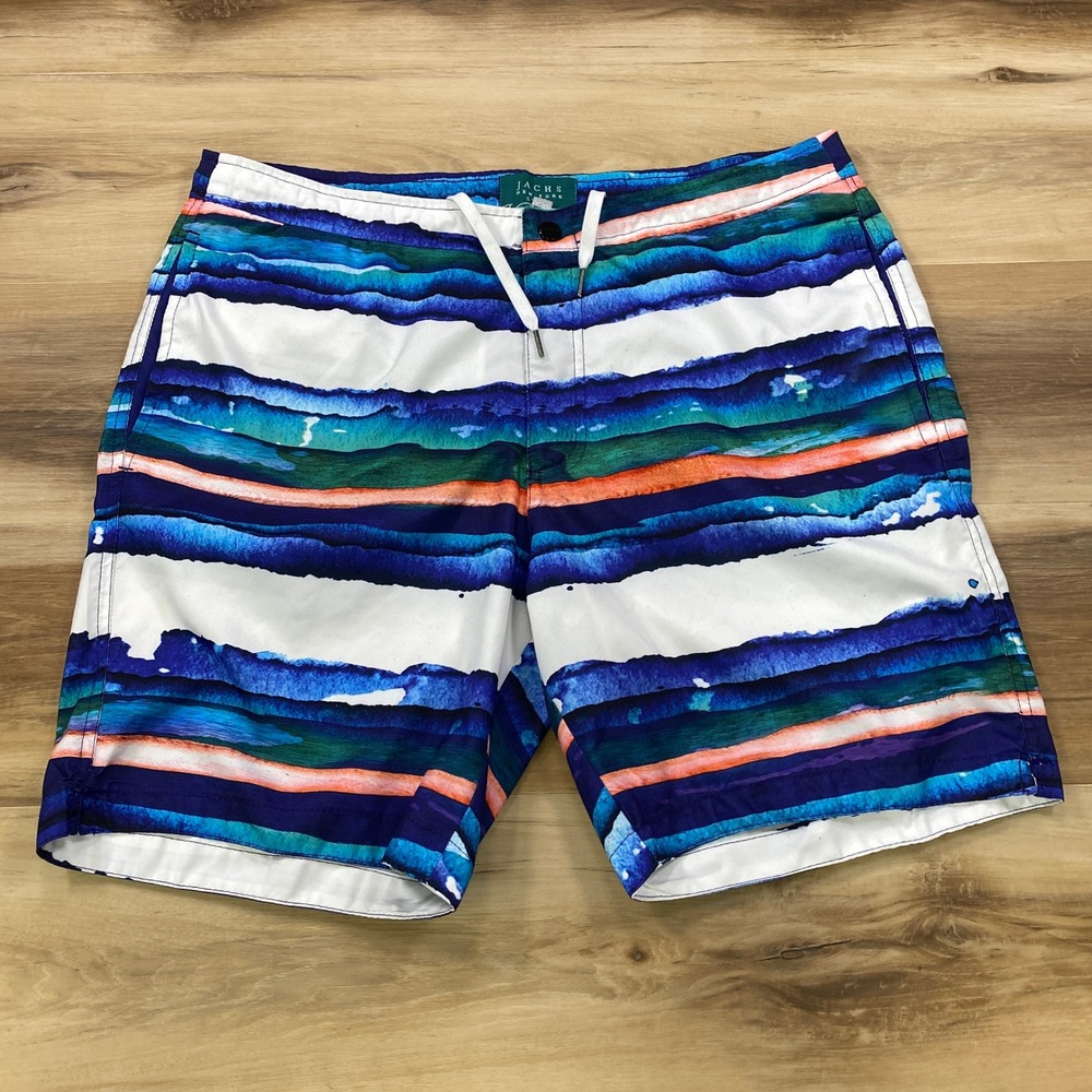 Jachs NY Swim Trunks Mens L Watercolor Stripe Board Shorts Mesh Lined Blue Multi